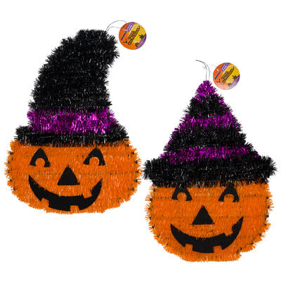 halloween tinsel pumpkin decor- 14.9 lx11 h -- 24 per case