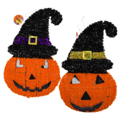 halloween tinsel pumpkin decor w witch hat -- 12 per case