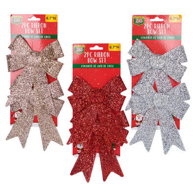 christmas 2pc ribbon bow set w glitter- 6.7 h -- 36 per case