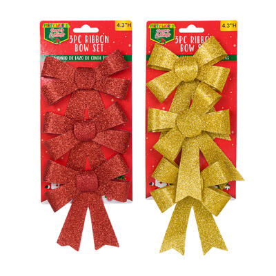 christmas 3pc ribbon bow set w glitter- 4.3 h -- 36 per case