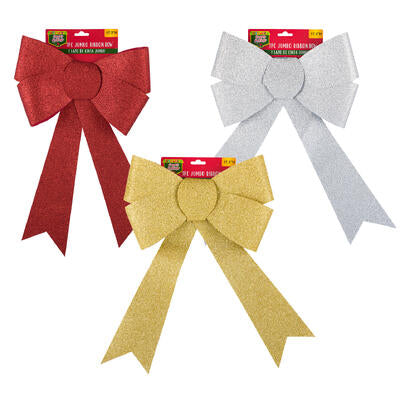 christmas ribbon bow set w glitter- 17.3 h -- 24 per case