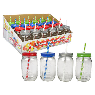 16.5oz mason jar glass with straw -- 24 per case