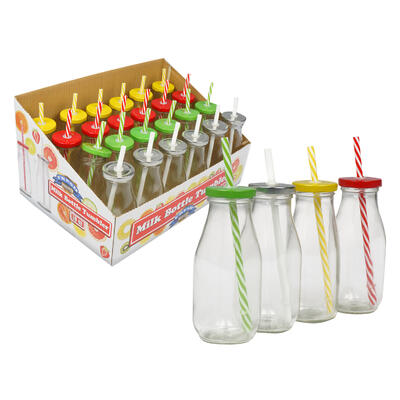 10oz glass milk bottle with straw -- 24 per case