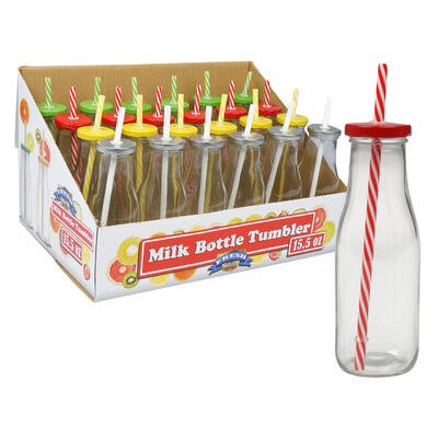 15oz glass milk bottle with straw -- 24 per case