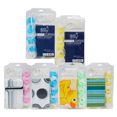 shower curtain and bath sponge set- 4 assortments -- 60 per case