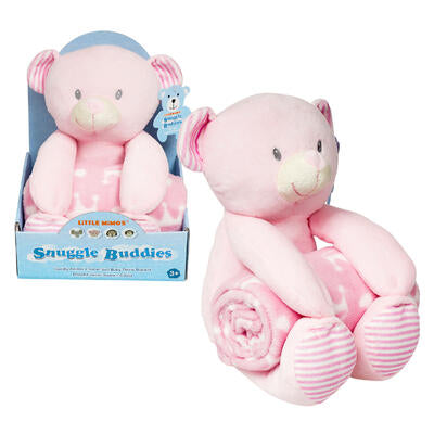 blanket w bear plush- pink and white -- 12 per case