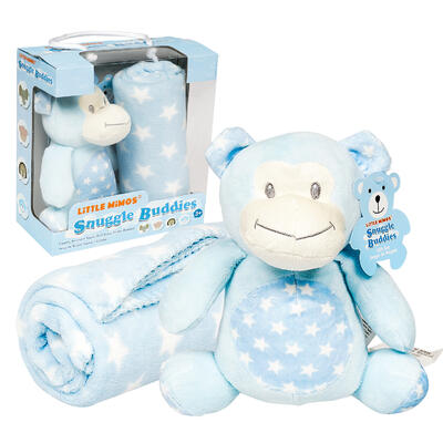 blanket- w monkey plush toy- blue and white -- 12 per case