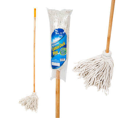 cotton deck mop with wooden handle -- 12 per case