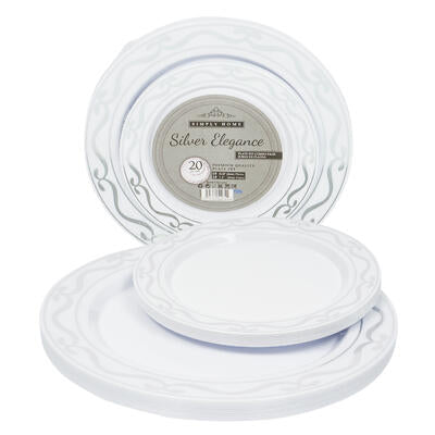 20 piece plastic plate set- white with silver -- 12 per case