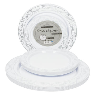 20 piece plate set- white with silver design -- 12 per case