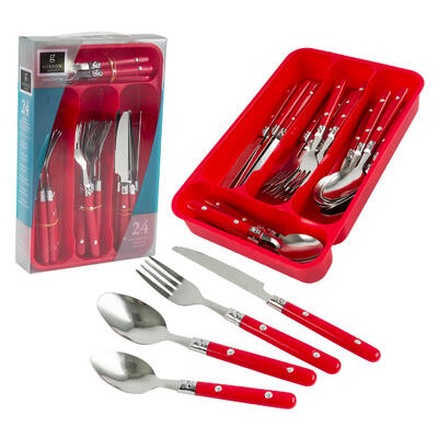 24-piece stainless steel flatware set with red handles -- 6 per case