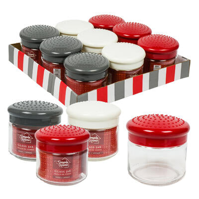 10oz glass jars with plastic lids - 3 assorted colors -- 9 per case