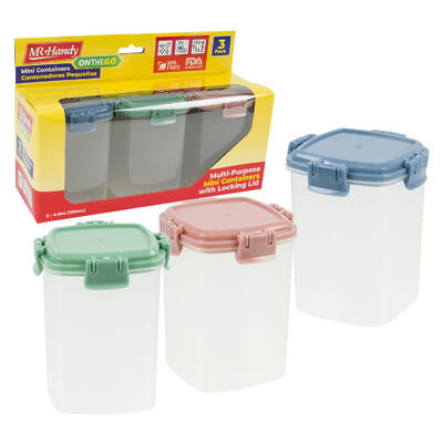 3pc plastic mini containers with assorted color lids -- 48 per case