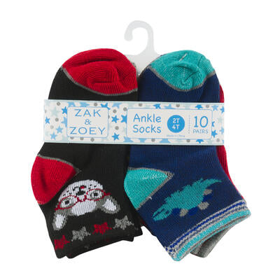 boys ankle socks - 10 pack - 2t-4t - assorted designs -- 48 per case