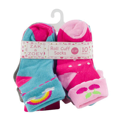 girls cuffed socks - 2t-4t - 10 pack - assorted designs -- 48 per case