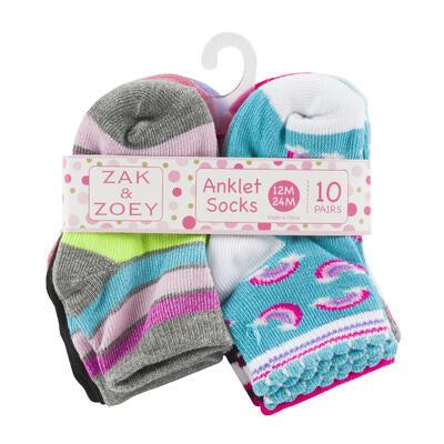 girls anklet socks - 12-24 months - assorted - 10 pack - bulk  -- 48 per case