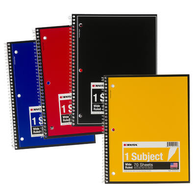 70ct spiral wide ruled notebooks - 4 assorted colors -- 24 per case