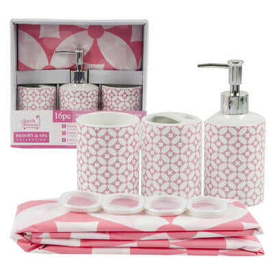 16 piece bathroom set - pink and white - home and garden -- 16 per case