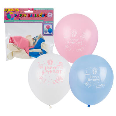 happy birthday balloons - 8ct - 12in -- 48 per case