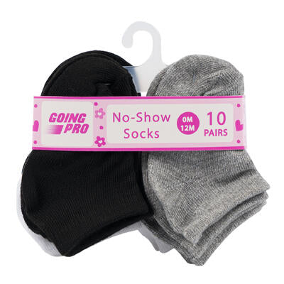 girls no show socks - 10 pack - sizes 0-12m - bulk  -- 48 per case