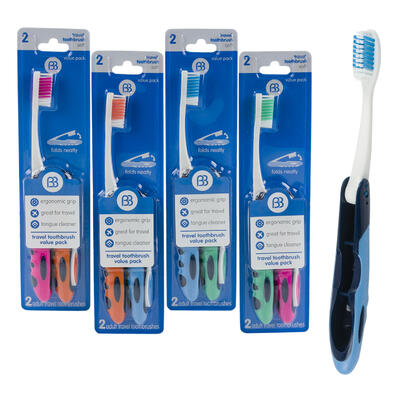 2 pack travel toothbrushes - assorted colors - bulk  -- 24 per case