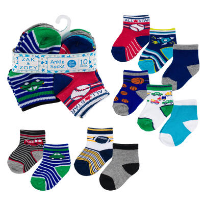 baby ankle socks - boys - 0-12m - 10 pack - assorted designs -- 48 per case