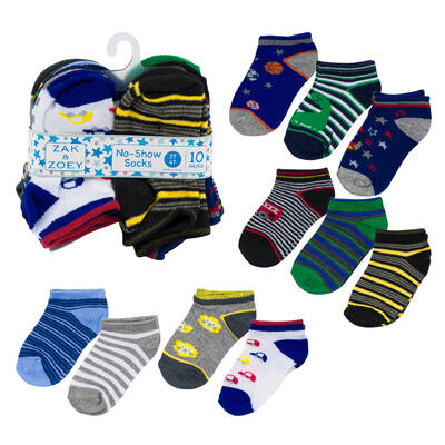 boys no show socks - 10 pack - 2t-4t - assorted designs -- 48 per case