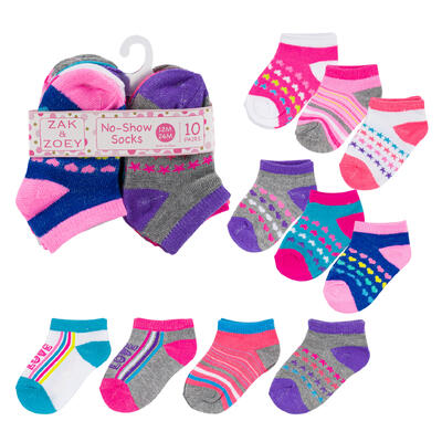 girls no show socks - 12-24m - assorted designs - 10 pack -- 48 per case