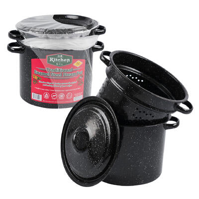 7qt traditional enamel steel steam pot - black -- 4 per case