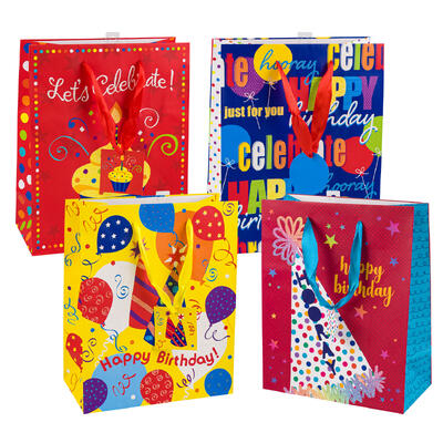 happy birthday gift bag w glitter- large -- 48 per case