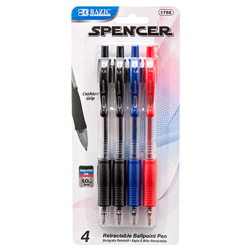 bazic 4pc retractable pen set - assorted colors - bulk  -- 24 per box