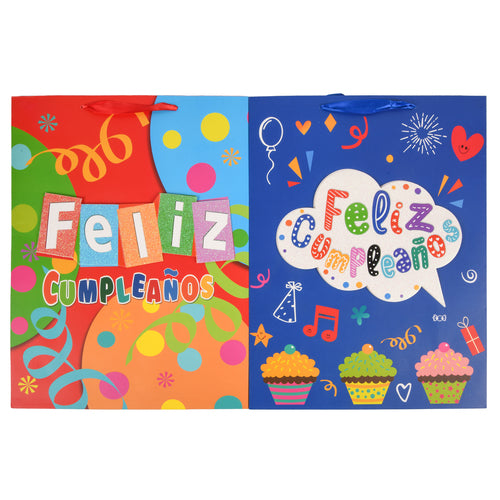 gift bag large 3-d feliz cumpleanos assorted colors design -- 12 per box