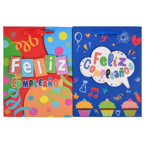 gift bag sm-3d feliz cumpleanos asst colors design -- 12 per box