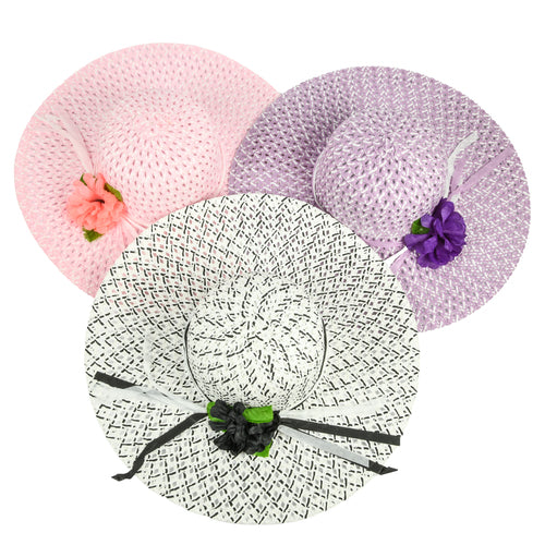 hat women straw w ribbon flower asst color -- 12 per box