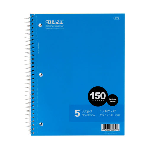 bazic 5-subject college rule notebooks -- 24 per case