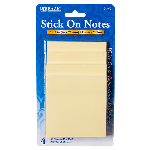 sticky notes 4 pack - yellow - #bazic2530  -- 24 per box