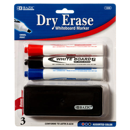 whiteboard markers with eraser - 3pc chisel tip -- 24 per box