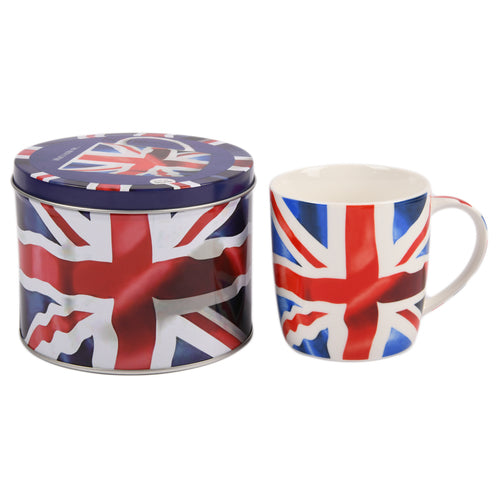 union jack ceramic mug 14 oz in round metal tin -- 24 per case