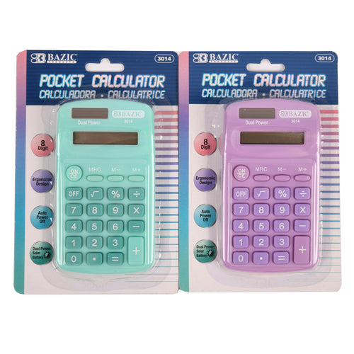 8-digit dual power pocket size calculator pastel colors -- 24 per box