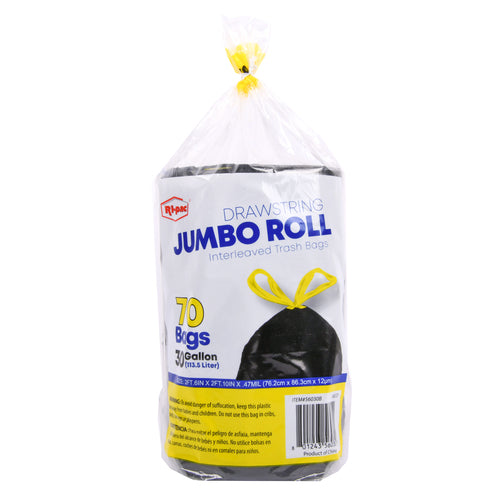 jumbo drawstring garbage roll 30gal 70ct. black -- 8 per case