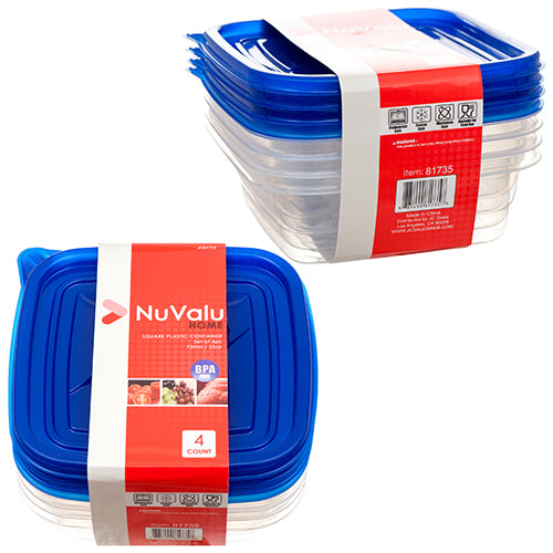 nuvalu plastic containers - square 25oz w/ blue lids -- 24 per case