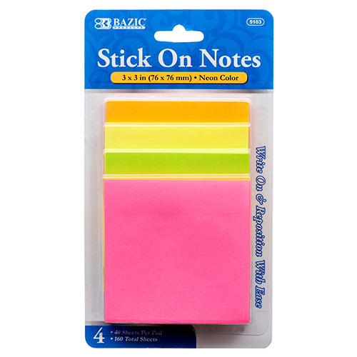 stick on notes - 40 sheets - 3 in x 3 in - 144 pack - assorted colors -- 24 per box