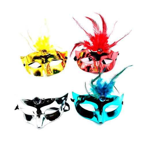 metal masquerade mask w feathers asst colors -- 12 per box