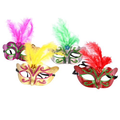 glitter masquerade mask w feathers asst colors -- 12 per box