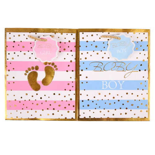 gift bag baby shower small blue pink striped -- 12 per box