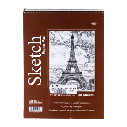 spiral sketch pads 9x12 - 30 sheets - bulk  -- 48 per case