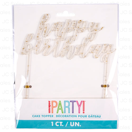 unique acryclic happy birthday cake topper clear w gold flecks -- 6 per box