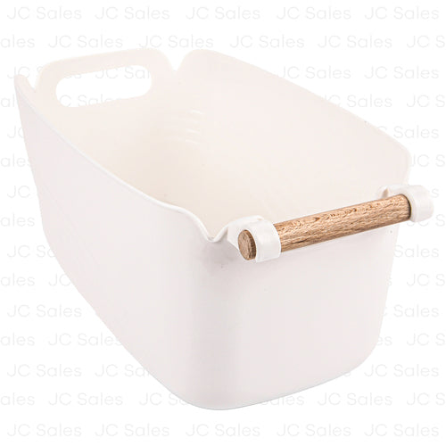 plastic white basket with wooden handle medium 31x18.2x15 -- 12 per case