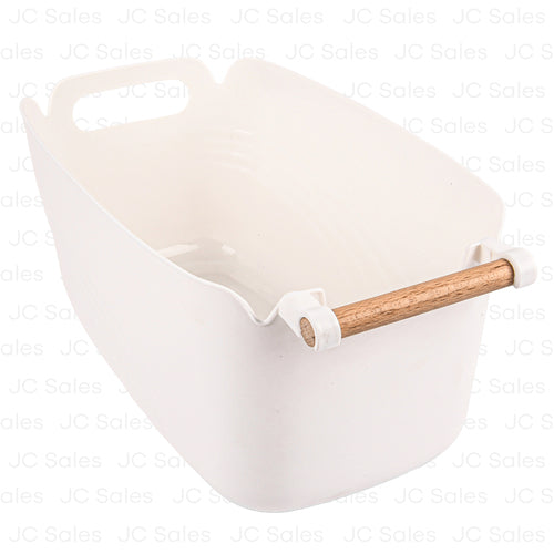 plastic white basket with wooden handle large 36.2x21.3x17.2 -- 12 per case