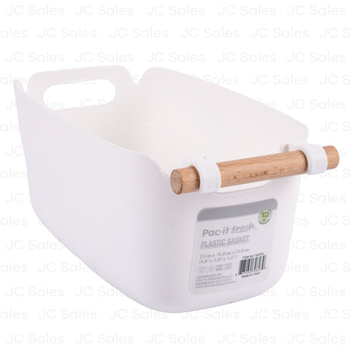 plastic white basket with wooden handle small 25x14.8x11.8 -- 12 per case